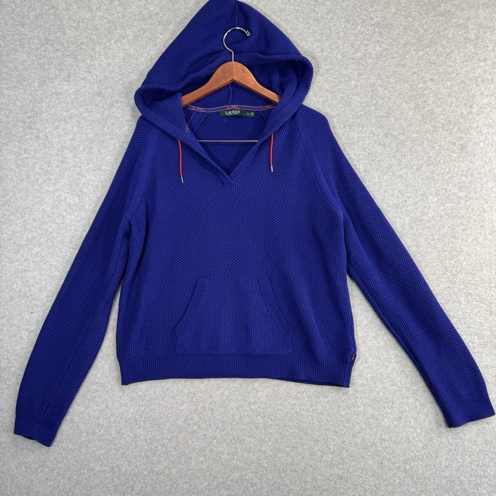 Lauren Ralph Lauren LRL Purple Hooded Cotton Knit V Neck Sweater‎ Pullover XL